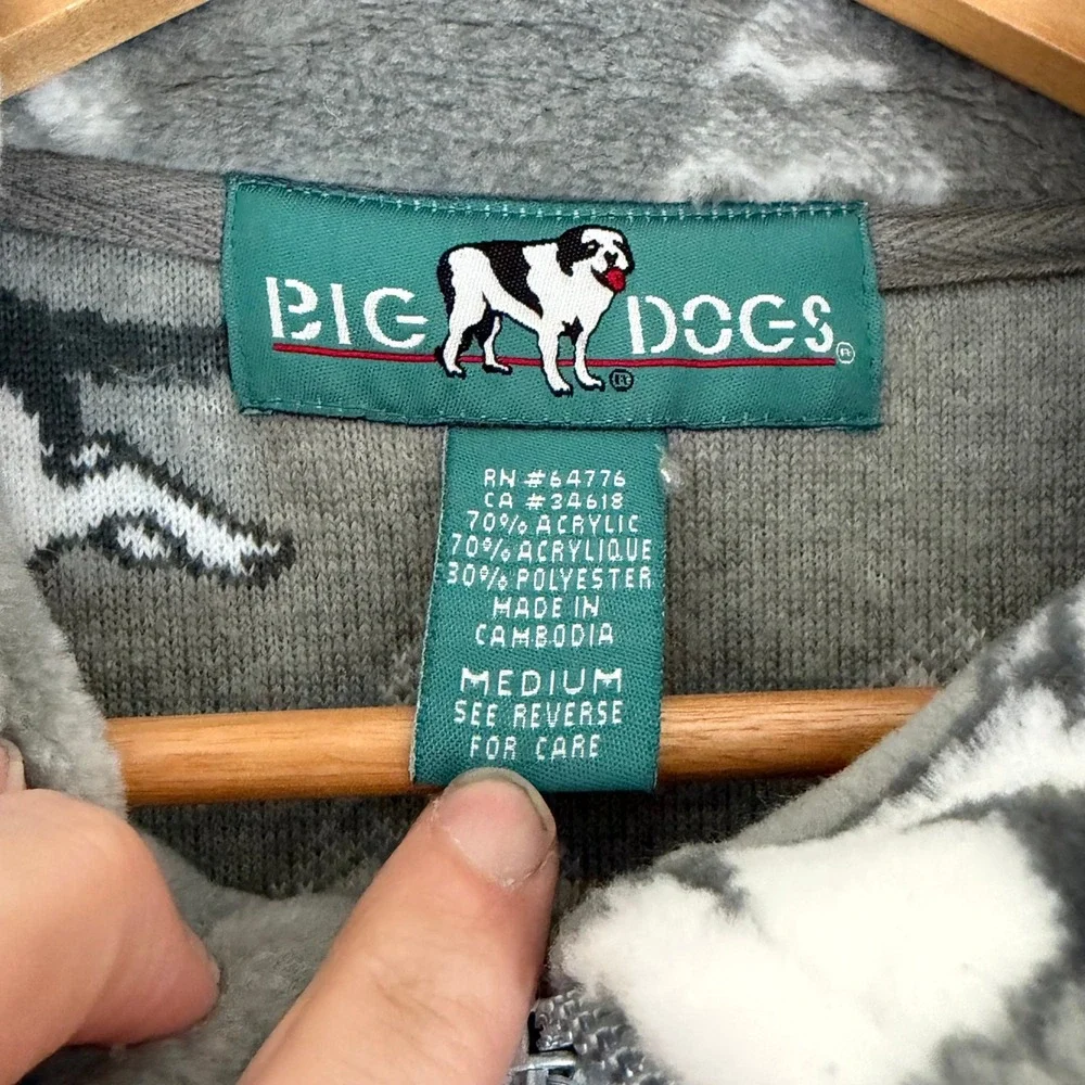 Big Dogs Fleece Jacket Mens Medium Gray All Over Print Full Zip Running Dog Tree